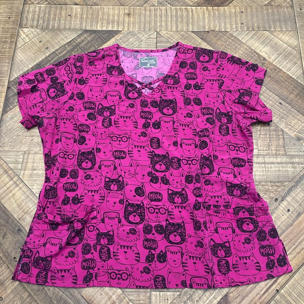 UA Butter-Soft Stretch "Kitty Cat Guava Fizz" Women's V-neck Scrub Top.